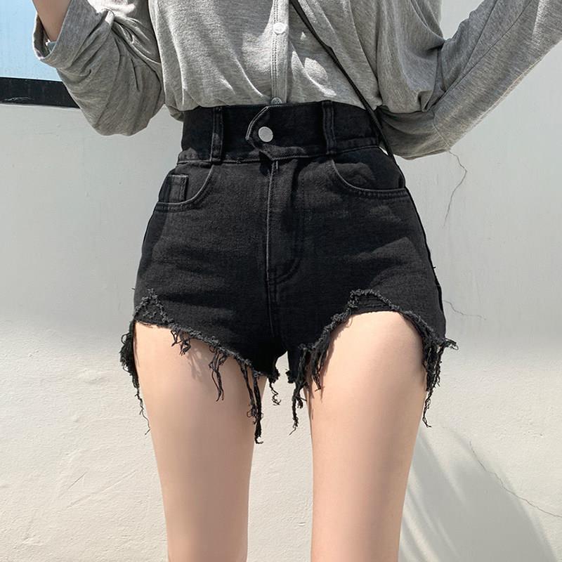 现货 韩国正品 夏季黑色毛边破洞阔腿牛仔短裤女高腰显瘦a字热裤