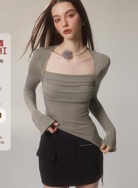 Mess Studio秋冬斜边抽褶带项链设计方领基础打底美式复古上衣女