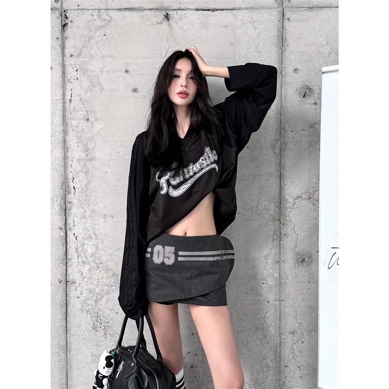 IAMC PLUS 绿茵宝贝 上衣设计感小众女长袖运动风网眼拼接V领T恤