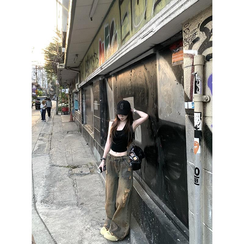 Suuuicee 涩谷街头 复古蓝色破洞阔腿牛仔裤小个子低腰辣妹长裤