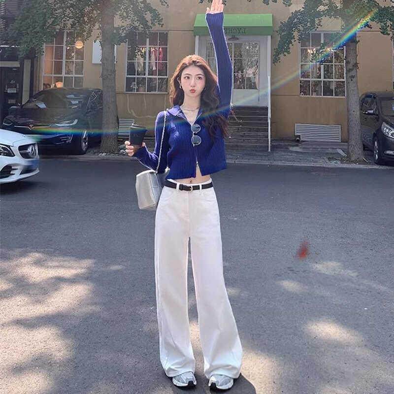 白色高腰阔腿牛仔裤女2025春季新款休闲宽松小个子九分直筒拖地裤