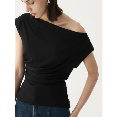 SHALLOW STREAMS夏季露肩黑色一字肩甜美上衣百搭短袖斜肩T恤女