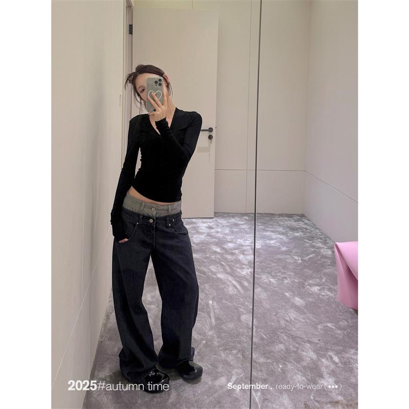 SUNONEONE 设计感拼接腰头直筒牛仔裤女春季新款丹宁原色休闲裤子