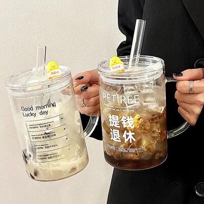 粗吸管杯1000ml奶茶杯大容量玻璃杯耐高温带盖办公室水杯女泡茶杯