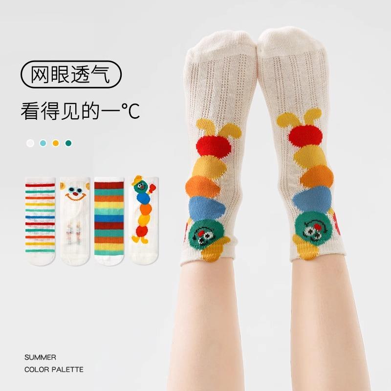 女童袜子夏季薄款彩红潮袜儿童纯棉网眼透气宝宝夏天中筒袜外穿潮