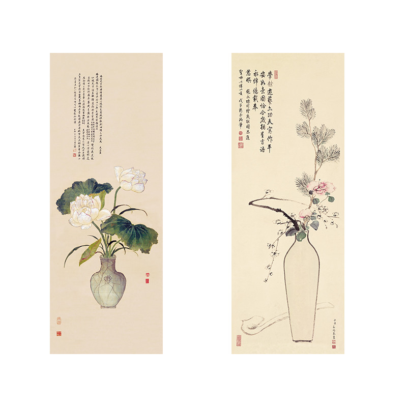 古画清郎世宁午瑞图赐莲图茶室书房客厅布画玄关挂画花瓶打印画芯