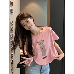 新品 宽松正肩显瘦短袖 T恤女夏季 甜辣妹高腰露脐减龄小熊印花短款