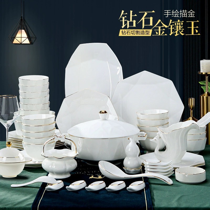 家用轻奢骨瓷餐具高档手绘描金陶瓷餐具异形八角镶金边碗碟盘套装
