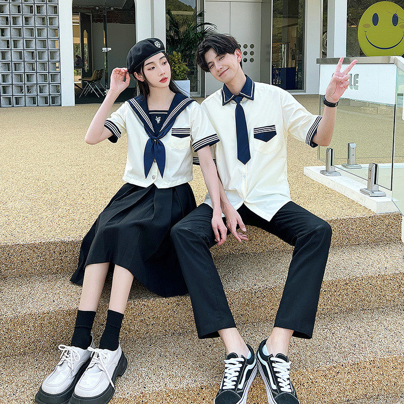 轻奢高货毕业班服高中生夏季学院风jk套装初中小学生海军领短袖衬