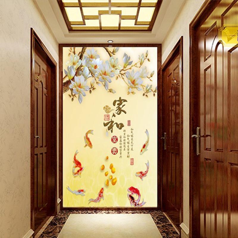3D中式玄关壁纸壁画走廊门口过道墙纸装饰画竖版餐厅 富贵九鱼图图片