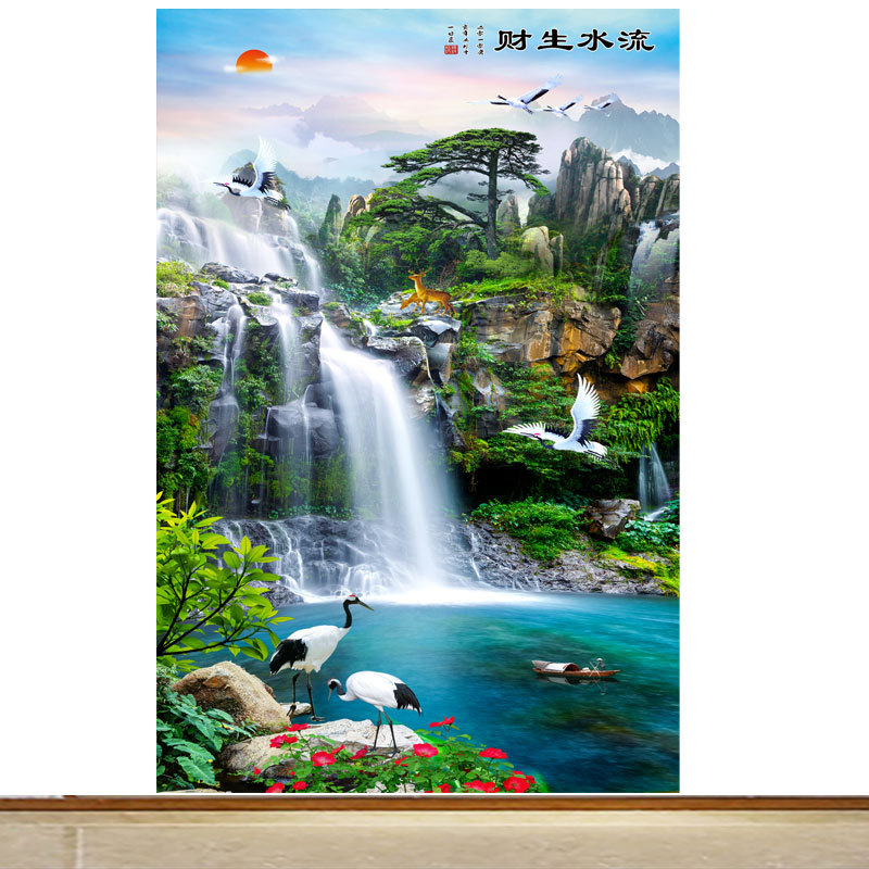 竖版流水生财风景装饰画客厅卧室背景墙自粘贴纸画小船仙鹤麋鹿画图片