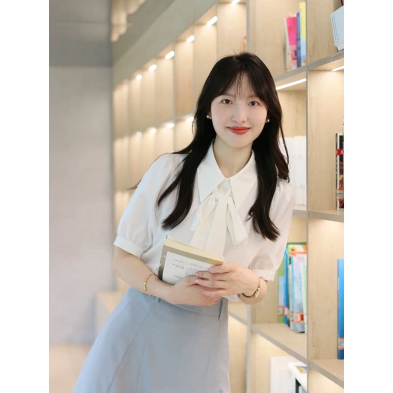 速发蝴蝶结短袖衬衫女夏季职业正装公考面试蓝白穿搭大学生教资套