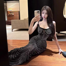 时尚轻奢女人味包臀长裙欧美风性感烫钻透视网纱高级感吊带连衣裙