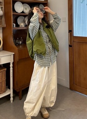 大码女装胖mm韩系复古格子衬衫女叠穿绿色工装马甲抽绳阔腿裤套装
