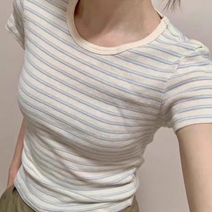 短款 高货蓝白条纹短袖 纯棉修身 正肩女t恤夏季 上衣设计感 2025新款