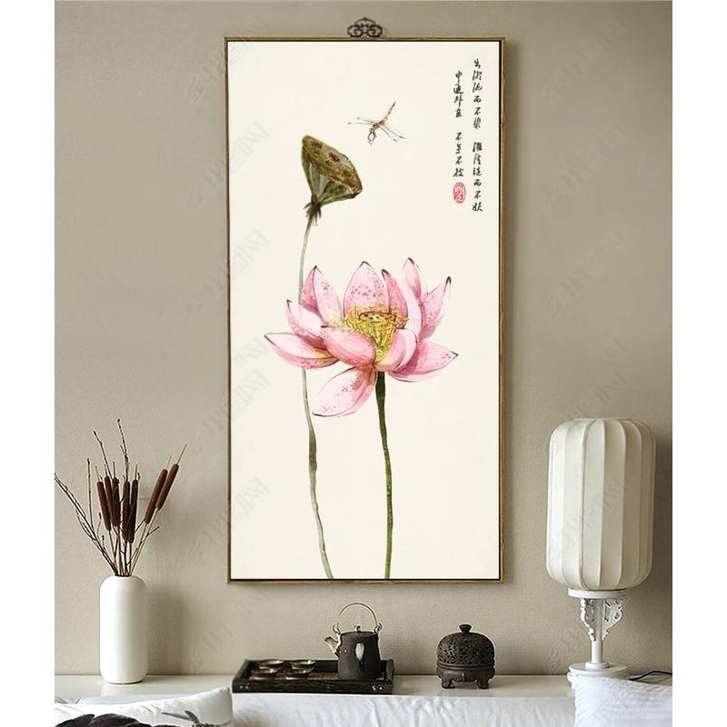 新古典禅意荷花玄关壁布过道走廊墙纸墙布新中式进门背景壁纸壁画