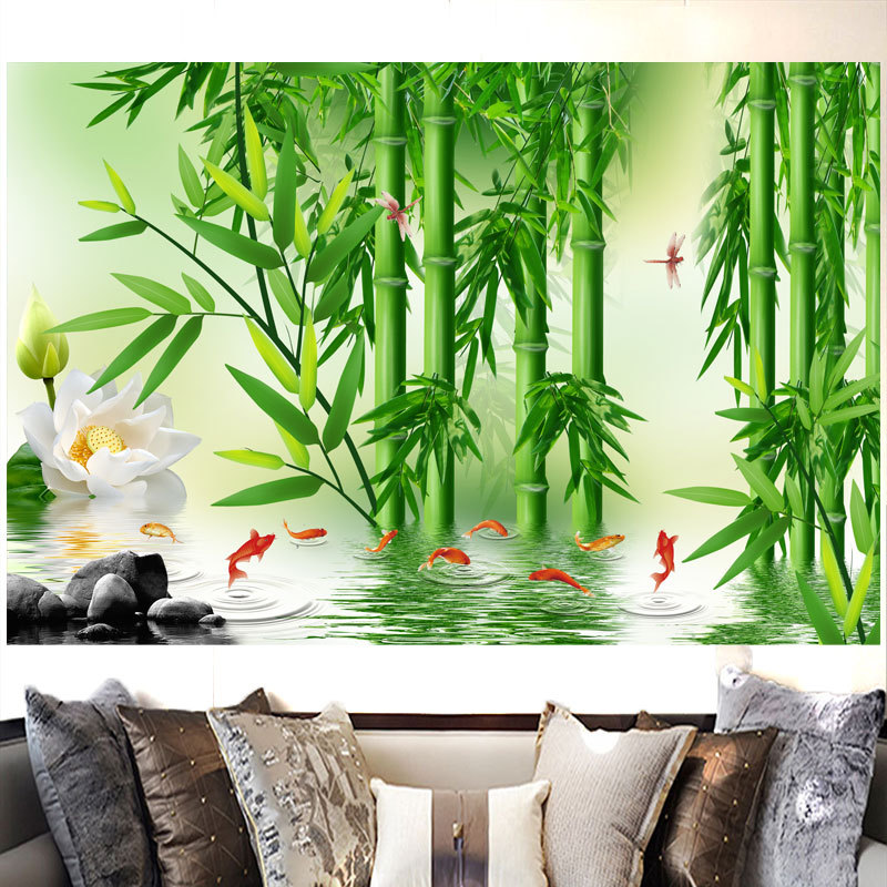竹子风景画客厅办公室背景墙装饰画竹报平安荷花九鱼图山水贴纸画图片
