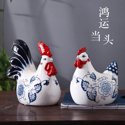 篱下闲趣生肖鸡新中式鸿运当头电视柜家居装饰客厅青花瓷装饰品