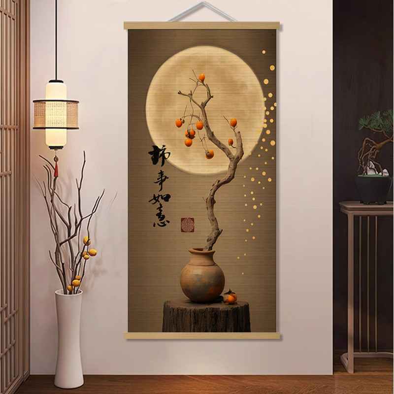 新中式竹帘卷轴挂画客厅入户走廊玄关墙画壁画电表箱装饰遮挡画