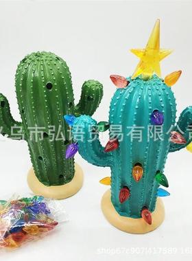 圣诞氛围装饰带灯仙人掌摆件Ceramic Christmas Cactus仙人树摆件