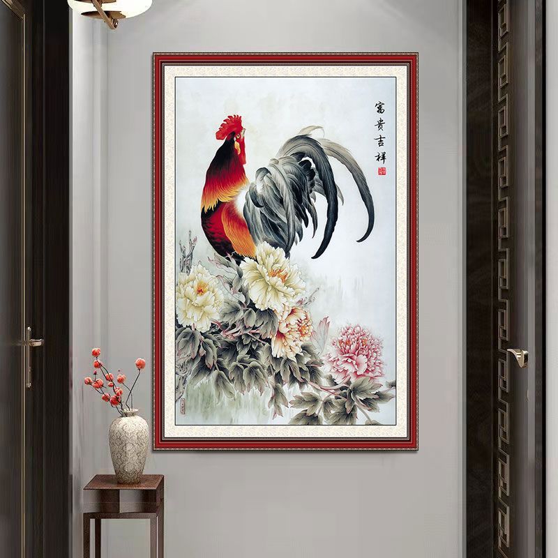 大公鸡贴墙画富贵吉祥图玄关风水画金鸡报晓挂画雄鸡家居装饰壁画图片