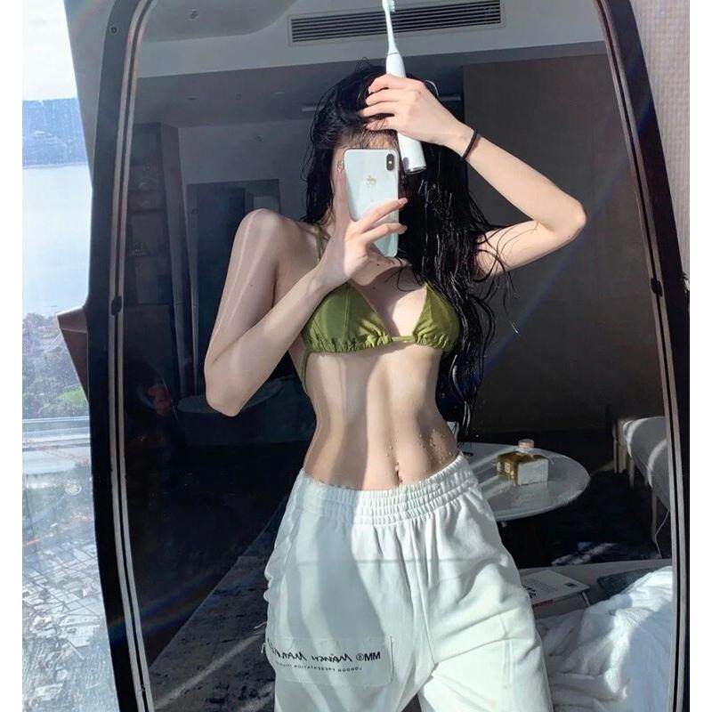 速发高品质泳衣女夏ins网红性感三点式绑带分体绿色比基尼小胸度