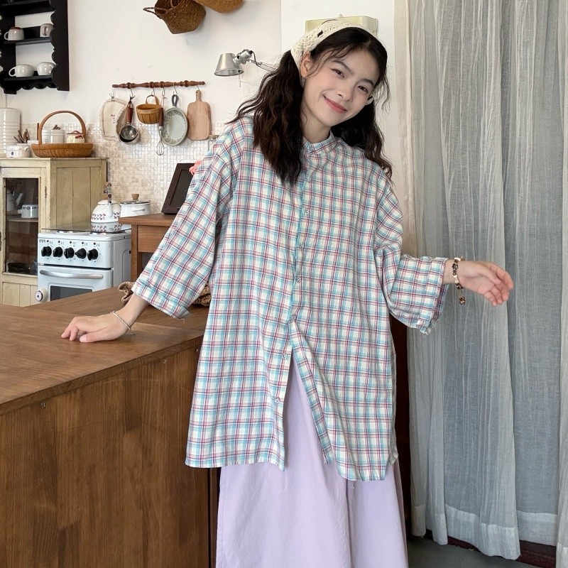 大码女装胖mm韩系复古拼色格纹立领短袖衬衫女夏季宽松显瘦上衣潮