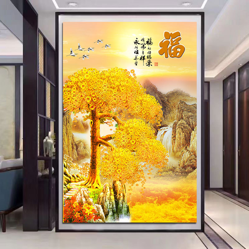 黄金树发财树玄关装饰壁画迎客松过道走廊入户竖版挂画招财摇钱树图片