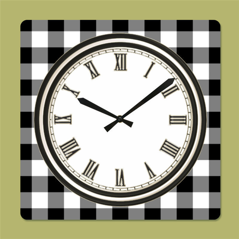 简约黑白格子图案厨房挂钟方形时钟乡村风格现代装饰装饰墙钟