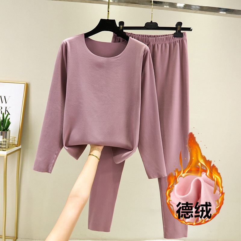 无痕打底内衣加绒保暖套装女士秋冬加厚德绒发热秋衣裤贴身两件套
