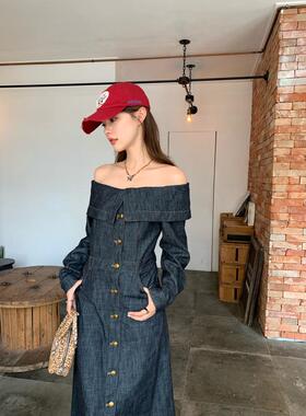 诠释美 NEWOPEN 2024秋季法式一字肩气质单排扣牛仔女F1967