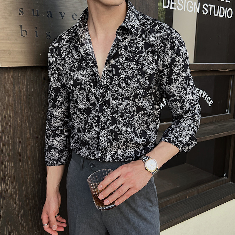 好货英伦雅痞男装高级感白色方领花衬衫男长袖设计感潮流商务休闲