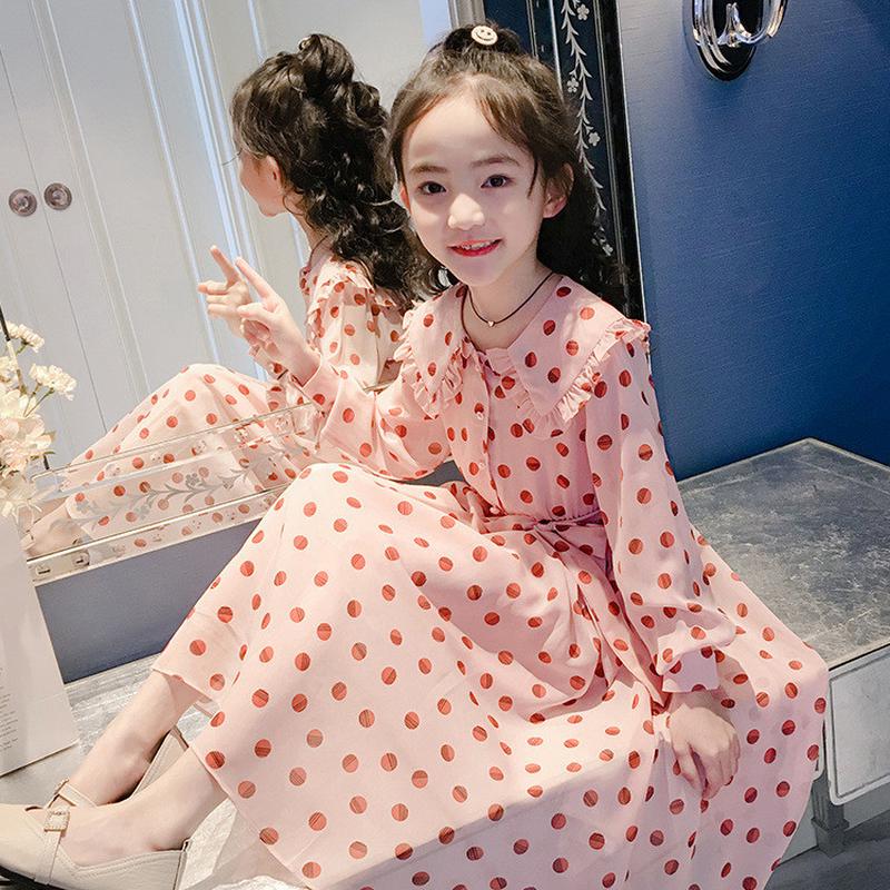 女童春季连衣裙2025新款韩版荷叶边波点裙小女孩中大童长袖雪纺裙