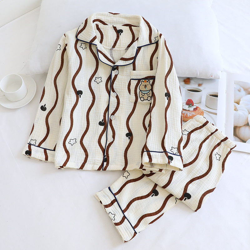 米筱米儿童春夏薄款可爱泡泡棉纱纯棉纱布长袖睡衣男童全棉家居服