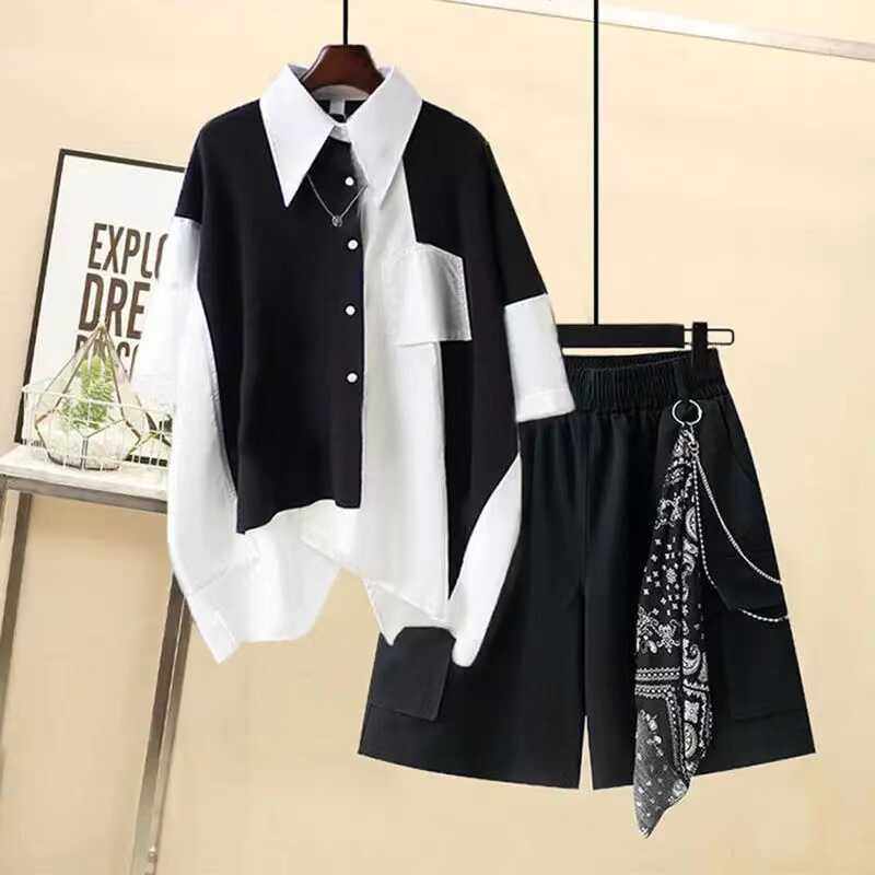 2024夏季男女套装韩版宽松设计感拼接衬衫帅气工装五分裤两件套潮,女装/女士精品,时尚套装,淘宝优惠券,粉丝福利购,淘宝优惠卷