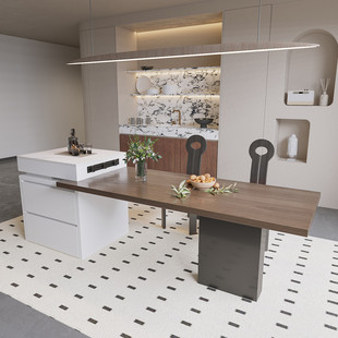 岩板岛台餐桌一体家用可伸缩原木黑胡桃木纹厨房多功能吧台中岛台