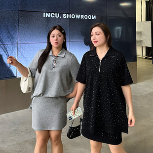 洋气烫钻大码套装女夏季200斤胖妹妹mm宽松运动休闲两件套