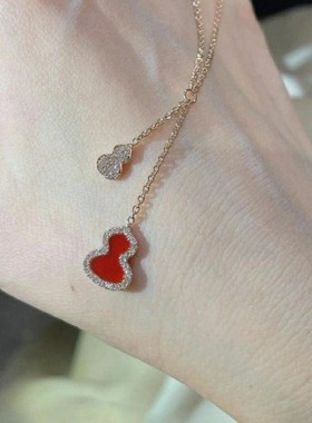 999纯银红玛瑙双葫芦项链女2025年新款玫瑰金福禄锁骨链生日礼物