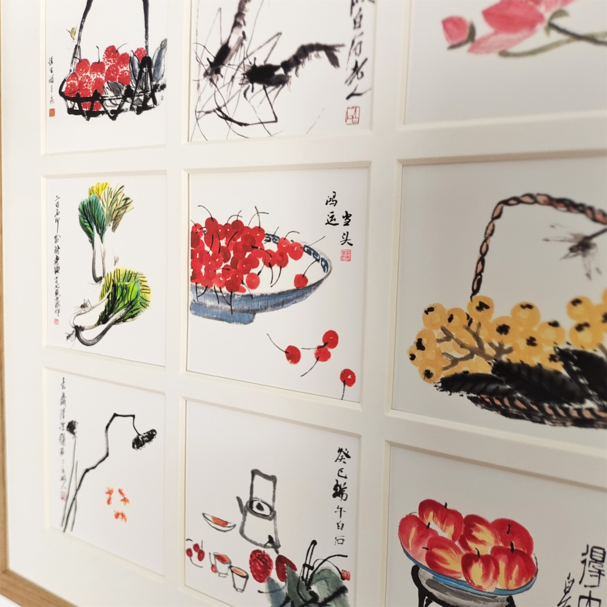 新中式九宫格齐白石水彩手绘蔬菜水果书法实木装饰画客厅挂画定制图片