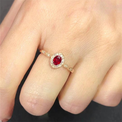 18k玫瑰金天然鸽血红宝石椭圆型复古皇冠女王戒指 黄金镶钻指环