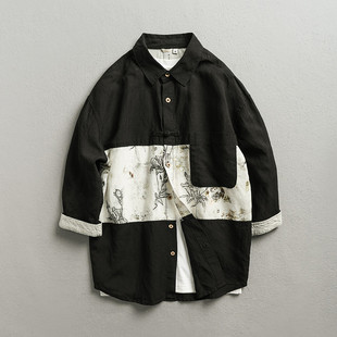 男士中袖亚麻衬衫2025夏季盘扣宽松休闲印花中国风七分袖男式衬衣