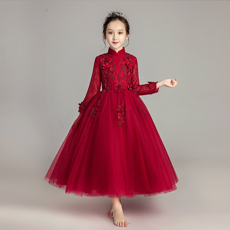 女童长袖公主礼服红色长裙蓬蓬纱主持生日儿童婚纱裙钢琴演出秋冬