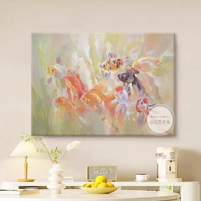 奶油风九鲤鱼图纯手绘油画金鱼办公室客厅装饰画别墅壁画玄关挂画图片
