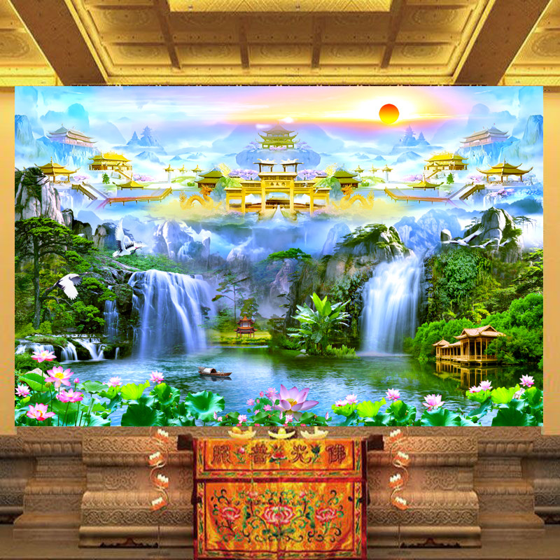 天宫仙境供桌壁纸仙鹤荷花山水祥云莲花装饰画佛道仙堂背景墙纸