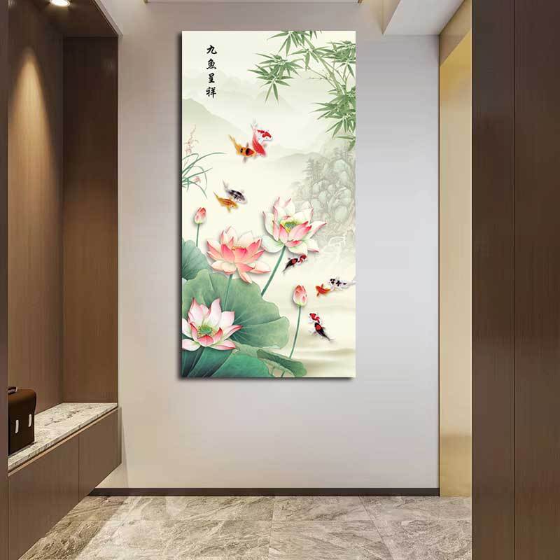 九鱼呈祥荷花图玄关进门入户装饰画风水招财挂画客厅过道自粘贴画图片