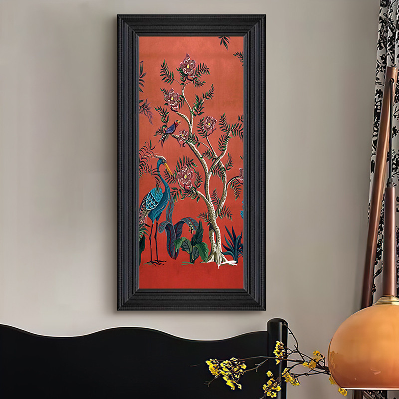 法式复古红色系吉祥花鸟装饰挂画孔雀飞鸟客厅玄关中古风手绘油画图片