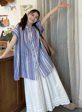 大码女装胖mm韩系复古彩色竖条纹衬衫女叠穿白色花边阔腿裤两件套