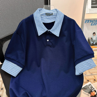 好货藏蓝色格纹假两件polo领短袖 潮牌高级感 衬衫 cleanfit短宽夏季