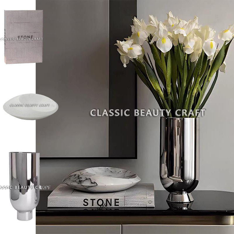 电视柜台面摆件银色玻璃花瓶客厅软装饰品圆筒花器大理石果盘,家居饰品,桌面摆件,淘宝优惠券,粉丝福利购,淘宝优惠卷