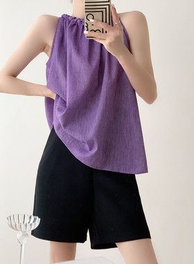 新品紫色挂脖上衣女夏季苎麻气质法式高级感无袖露肩锁骨宽松吊带